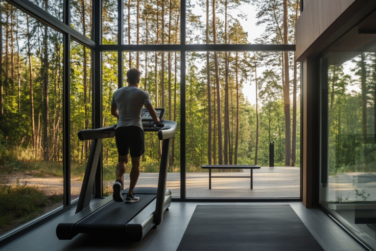 Jaunas vyras eina bėgimo takeliu